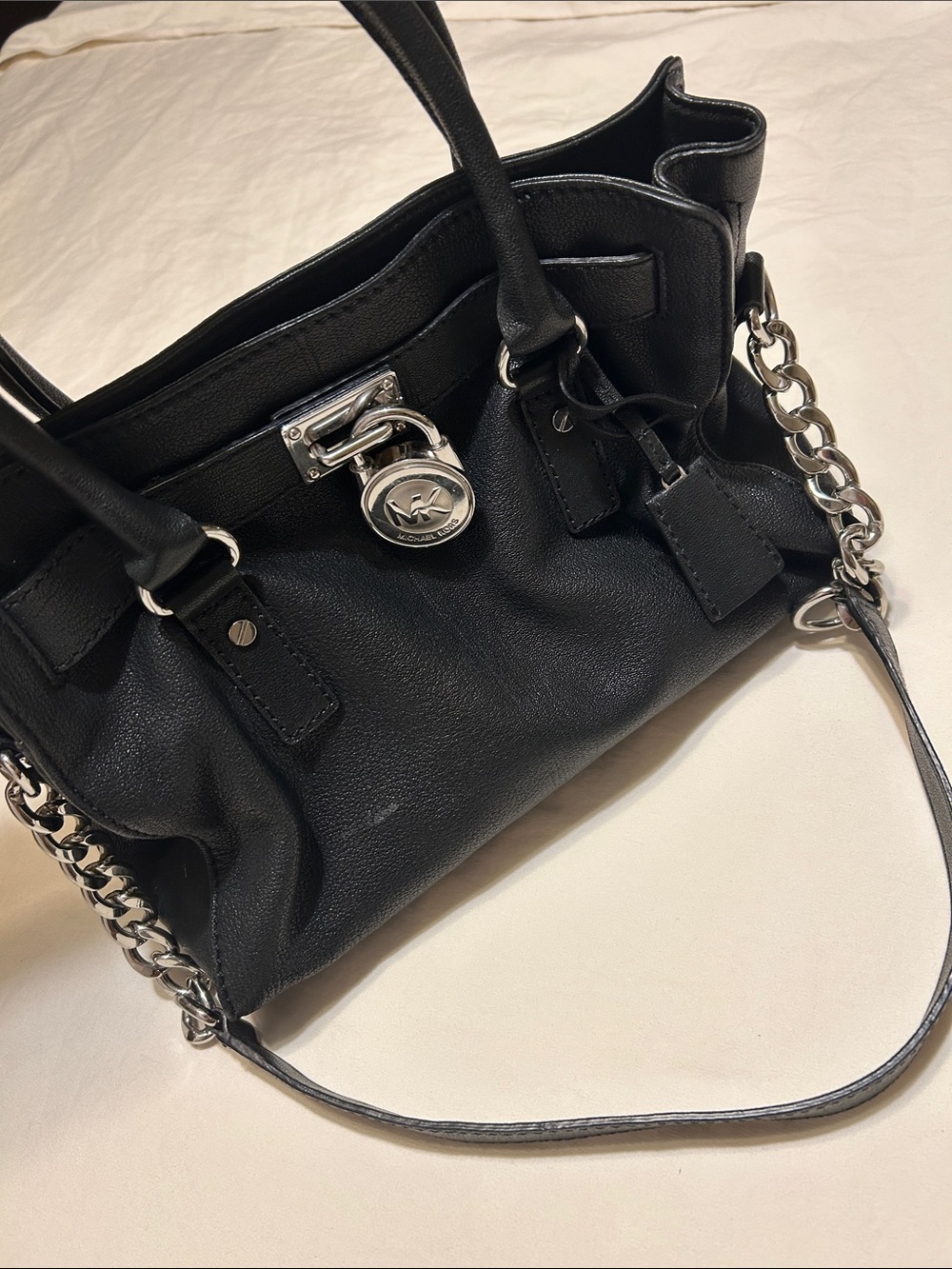 Michael Kors Black Leather Satchel with Silver Chain & Logo Charm